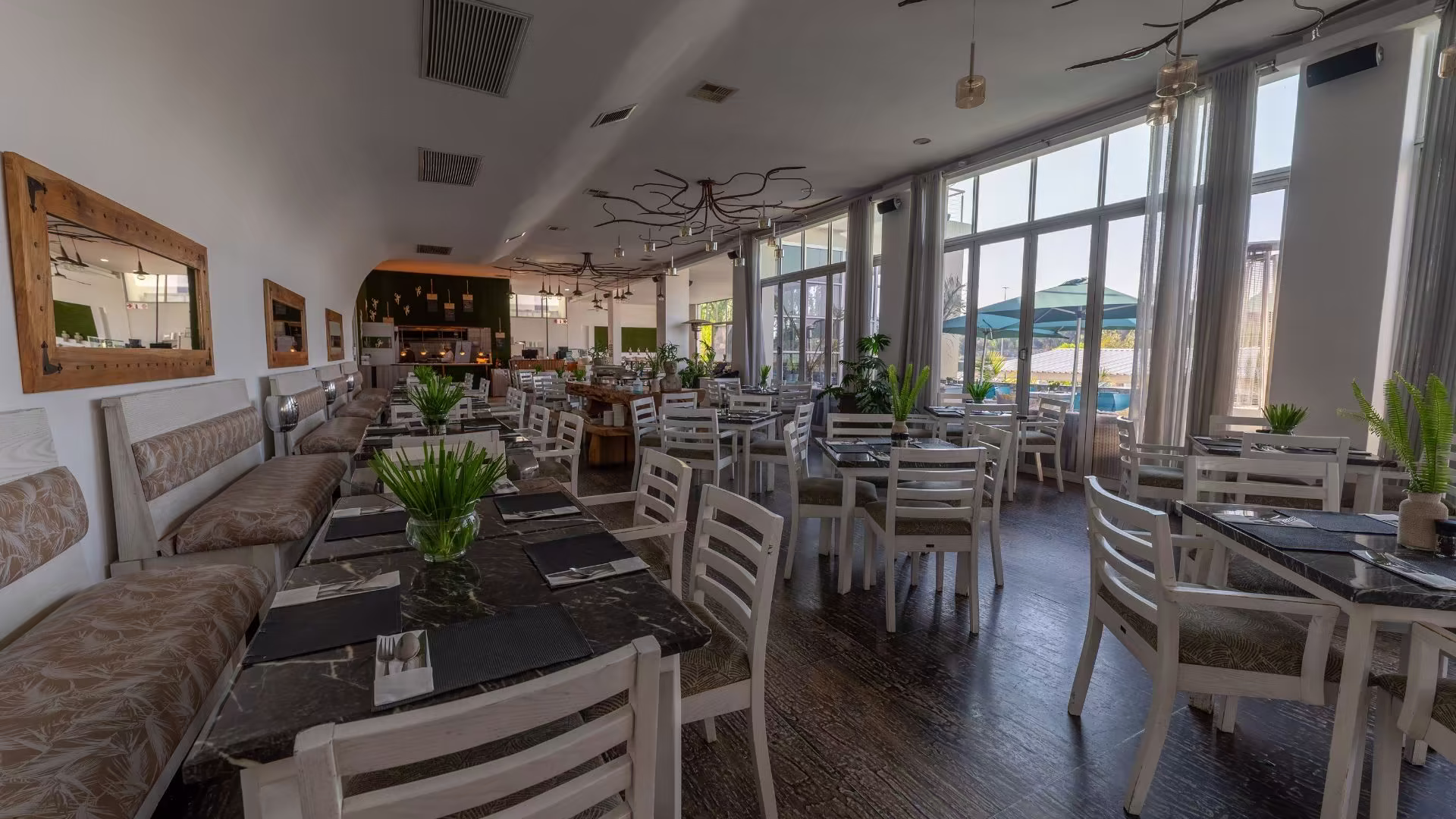 Banquette seating along the dining room